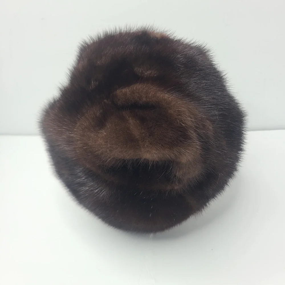 Vtg 60s Sears Real Mink Fur Pillbox Hat Dark Brown Cossack Winter Mob Wife